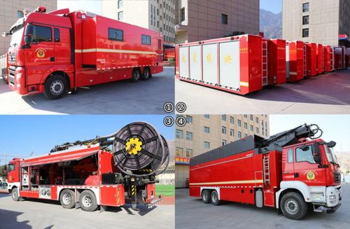 ①通信指挥消防救援作战车；②“六车联保”战勤保障模块（饮食保障车、冷藏车、宿营车、淋浴车、被服洗涤车、移动盥洗车）；③泵浦消防车；④水带敷设消防车。人民网记者 米媛摄